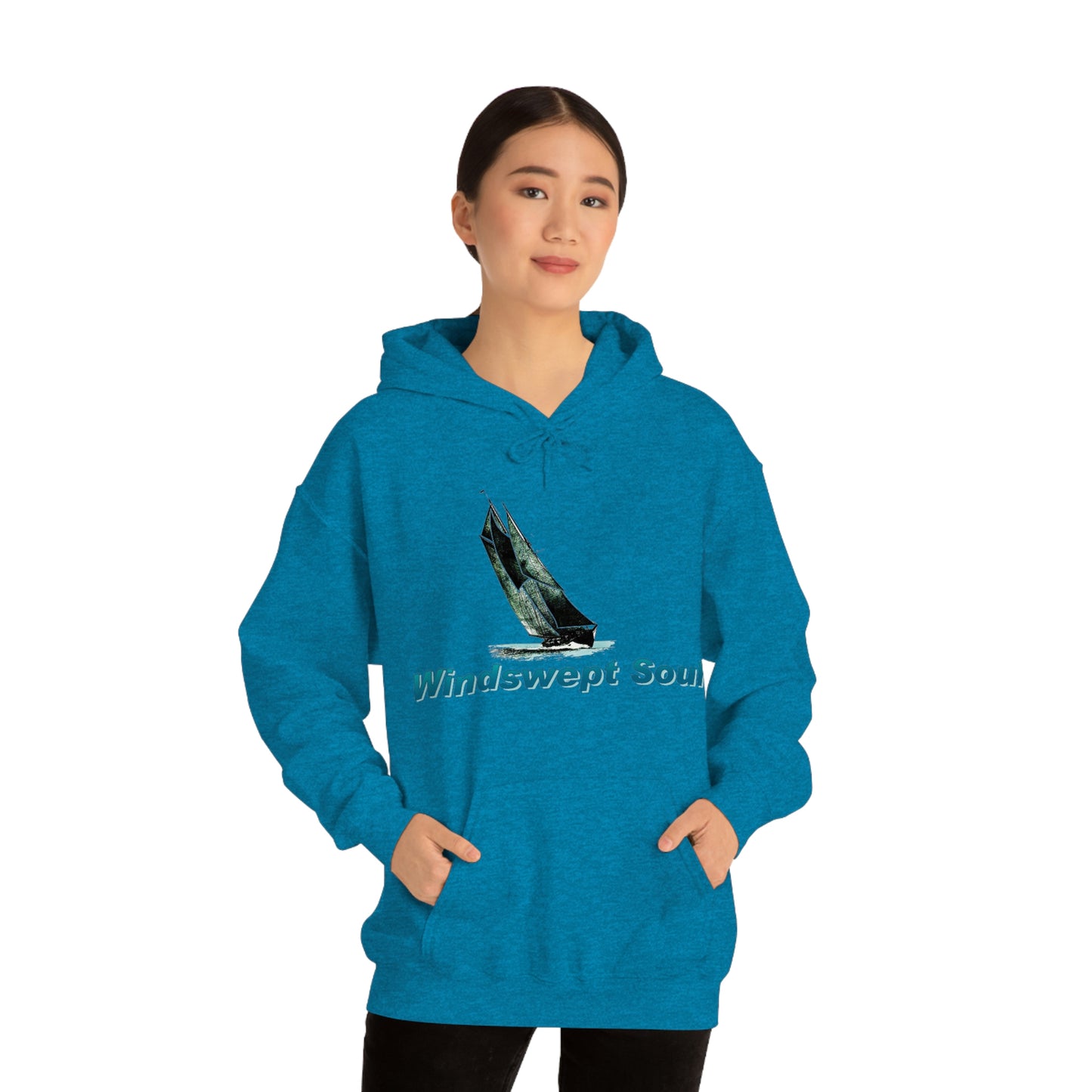 Unisex Heavy Blend™ Hooded Sweatshirt, Windswept Soul, Bluenose Sailboat.