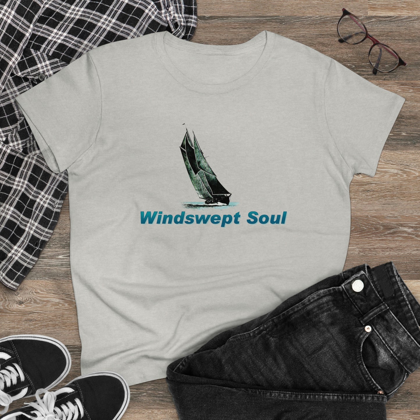 Women's Midweight Cotton Tee, Windswept Soul, Bluenose Sailboat
