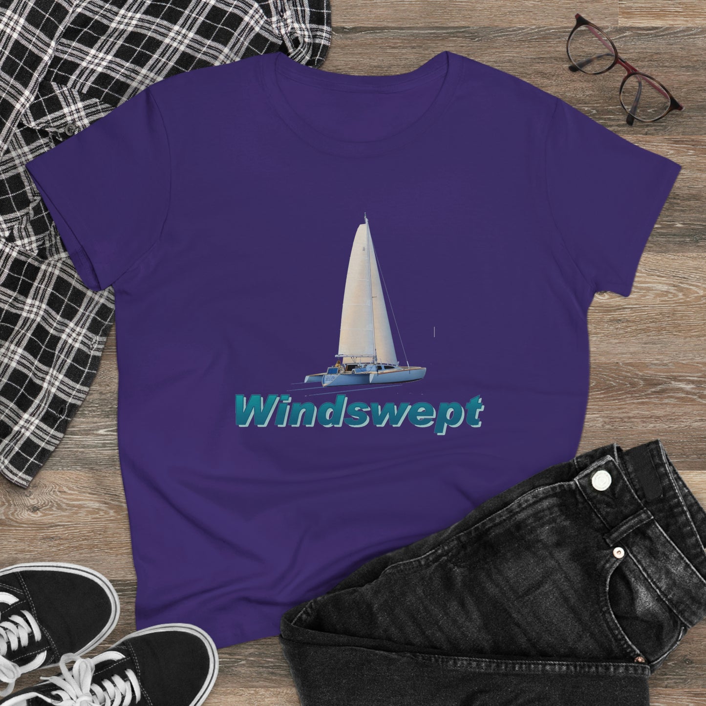 Women's Midweight Cotton Tee, Windswept, Sister Whisper Trimaran.