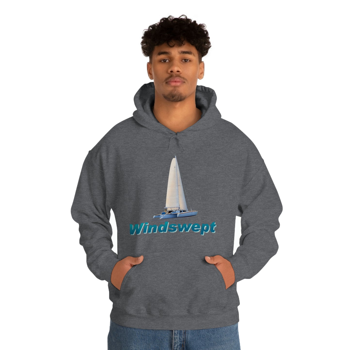 Unisex Heavy Blend™ Hooded Sweatshirt, Windswept, Sister Whisper Trimaran. Artwork by John Ryerson Bredin