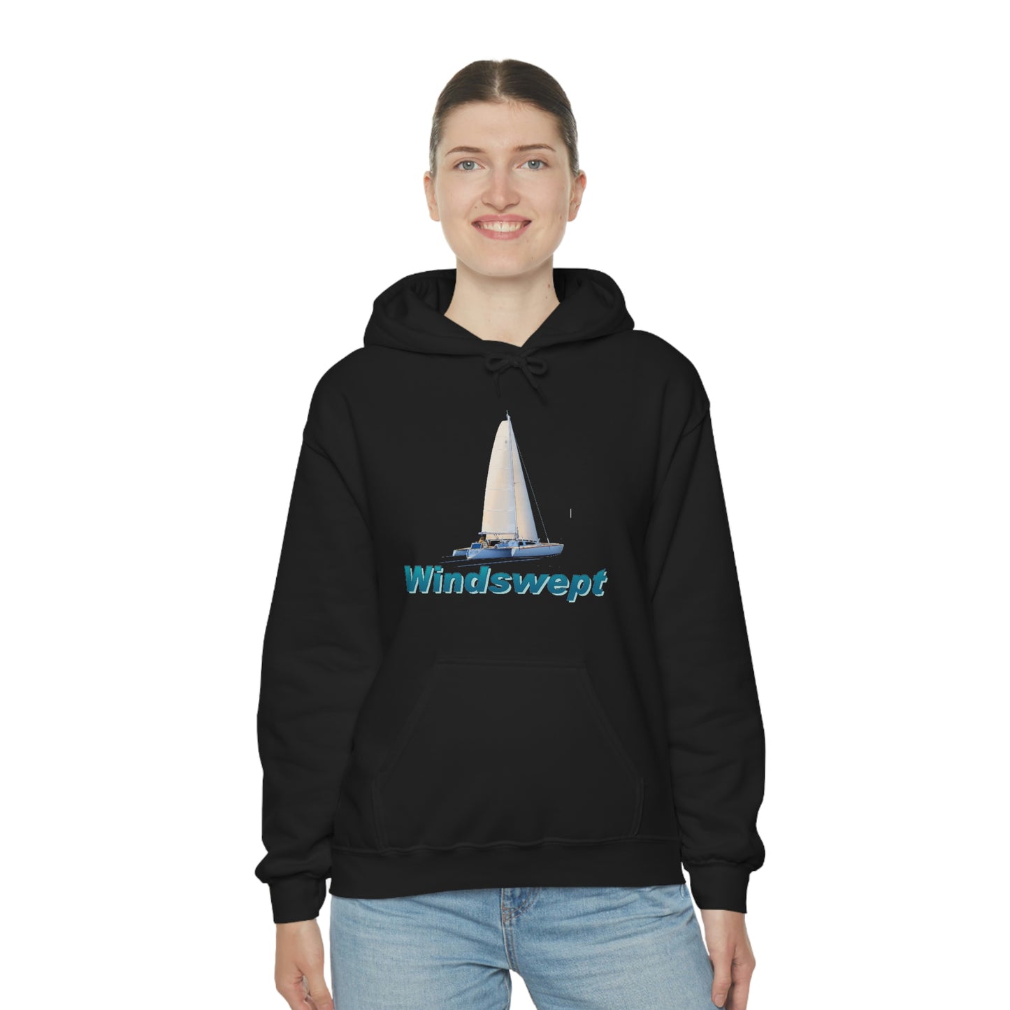 Unisex Heavy Blend™ Hooded Sweatshirt, Windswept, Sister Whisper Trimaran. Artwork by John Ryerson Bredin