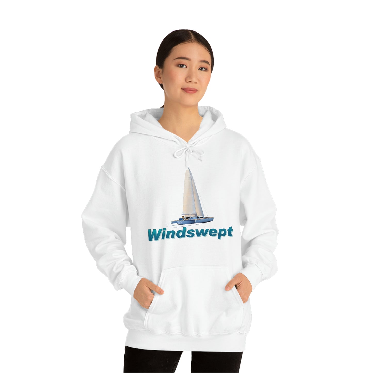Unisex Heavy Blend™ Hooded Sweatshirt, Windswept, Sister Whisper Trimaran. Artwork by John Ryerson Bredin