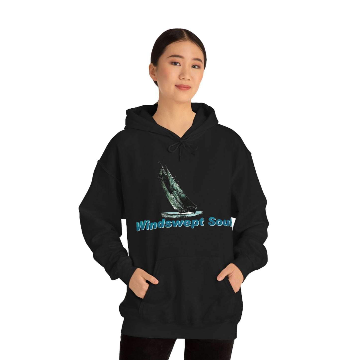 Unisex Heavy Blend™ Hooded Sweatshirt, Windswept Soul, Bluenose Sailboat.