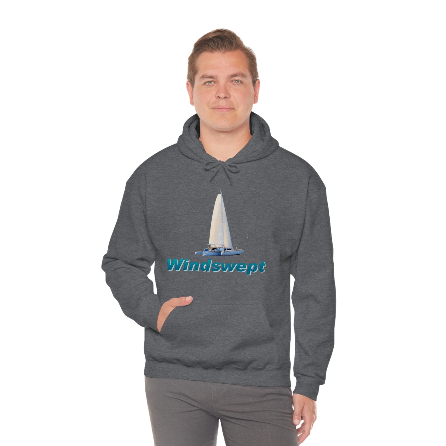 Unisex Heavy Blend™ Hooded Sweatshirt, Windswept, Sister Whisper Trimaran. Artwork by John Ryerson Bredin