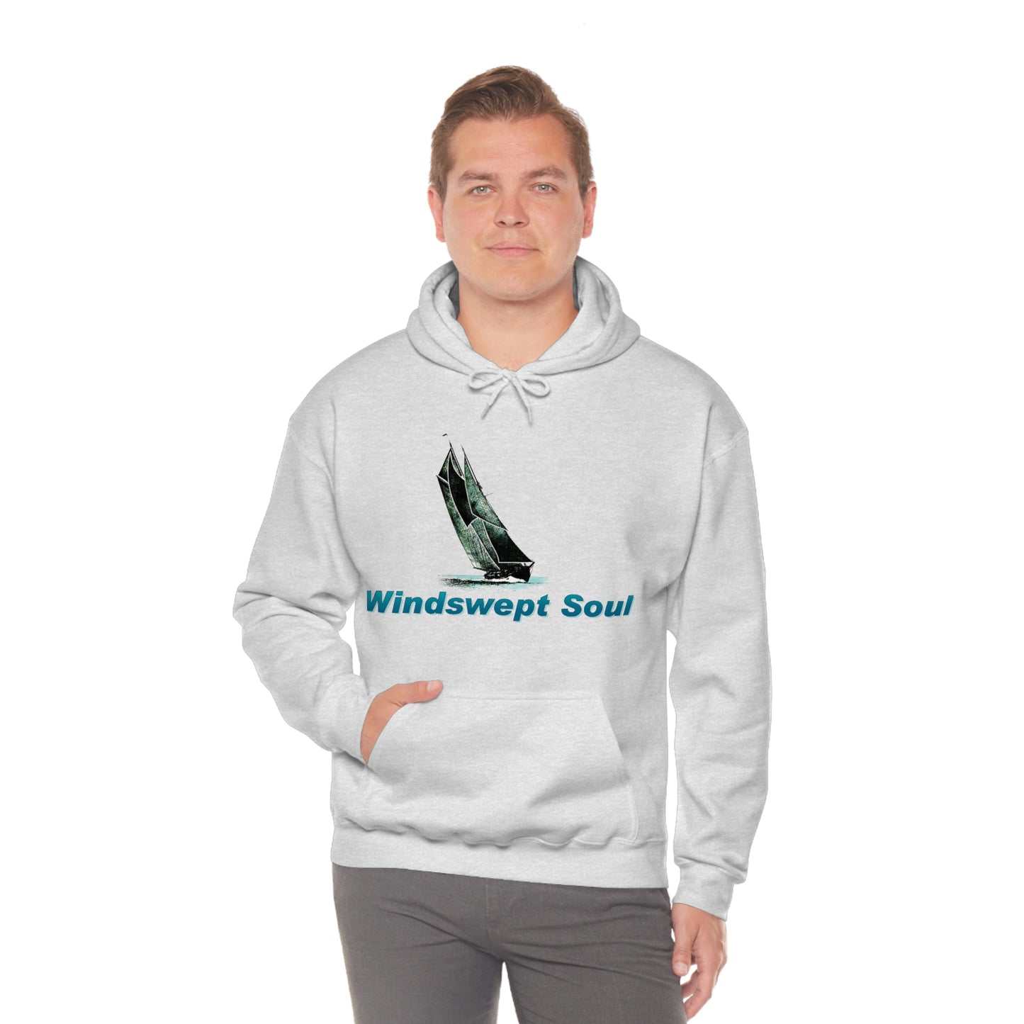 Unisex Heavy Blend™ Hooded Sweatshirt, Windswept Soul, Bluenose Sailboat.