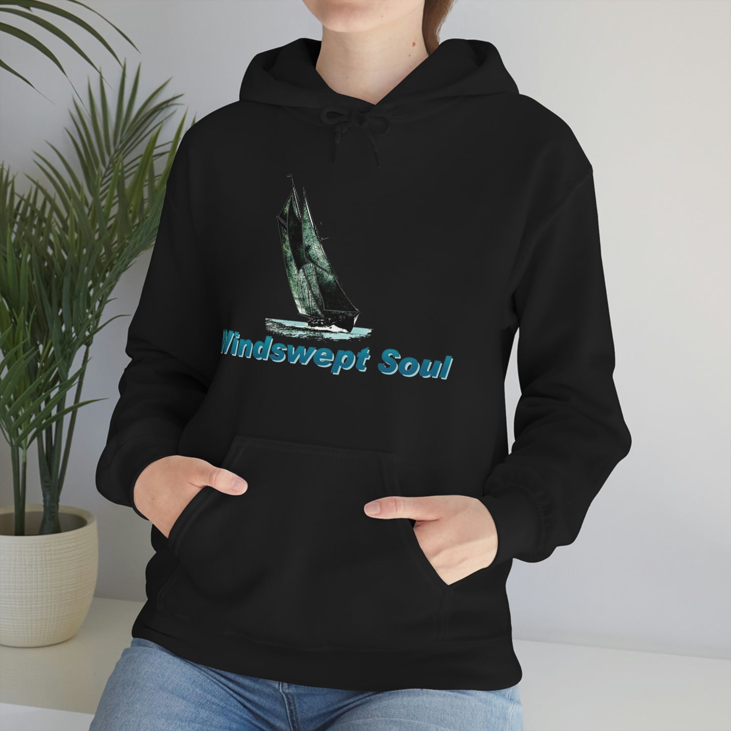 Unisex Heavy Blend™ Hooded Sweatshirt, Windswept Soul, Bluenose Sailboat.