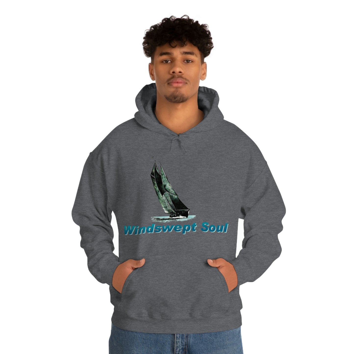 Unisex Heavy Blend™ Hooded Sweatshirt, Windswept Soul, Bluenose Sailboat.