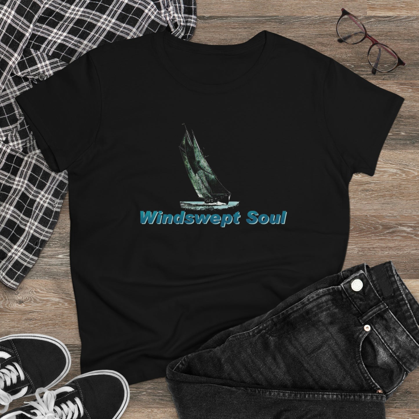 Women's Midweight Cotton Tee, Windswept Soul, Bluenose Sailboat