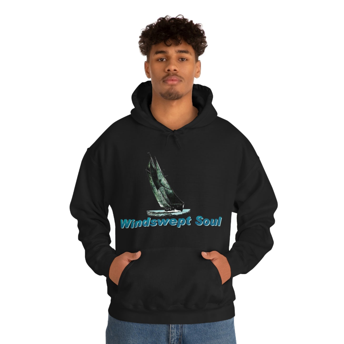 Unisex Heavy Blend™ Hooded Sweatshirt, Windswept Soul, Bluenose Sailboat.
