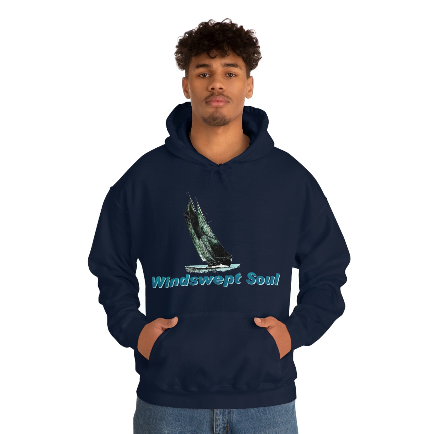 Unisex Heavy Blend™ Hooded Sweatshirt, Windswept Soul, Bluenose Sailboat.