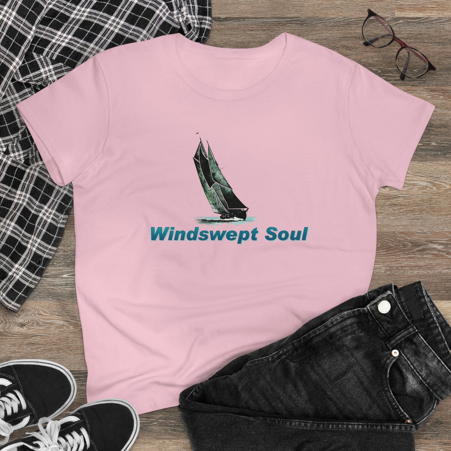 Women's Midweight Cotton Tee, Windswept Soul, Bluenose Sailboat