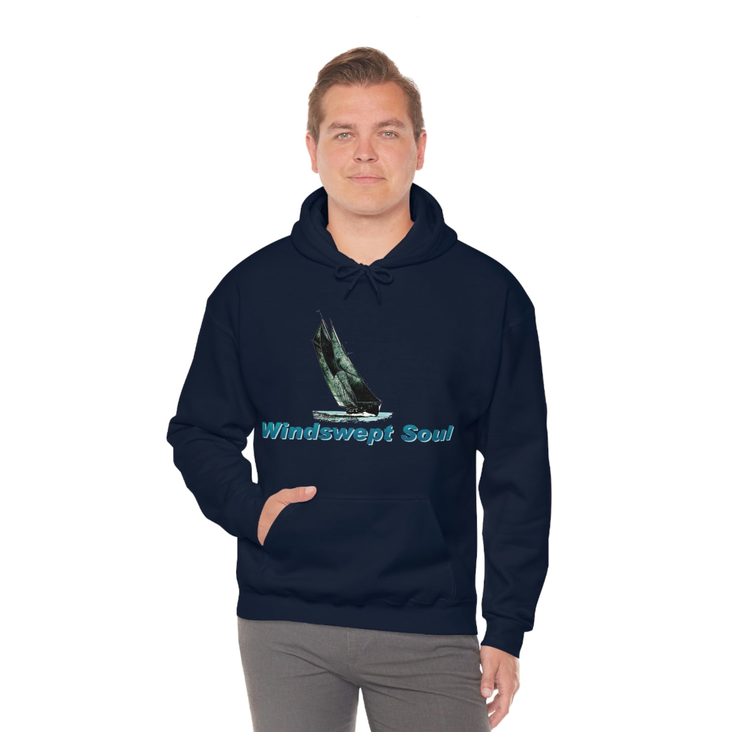 Unisex Heavy Blend™ Hooded Sweatshirt, Windswept Soul, Bluenose Sailboat.