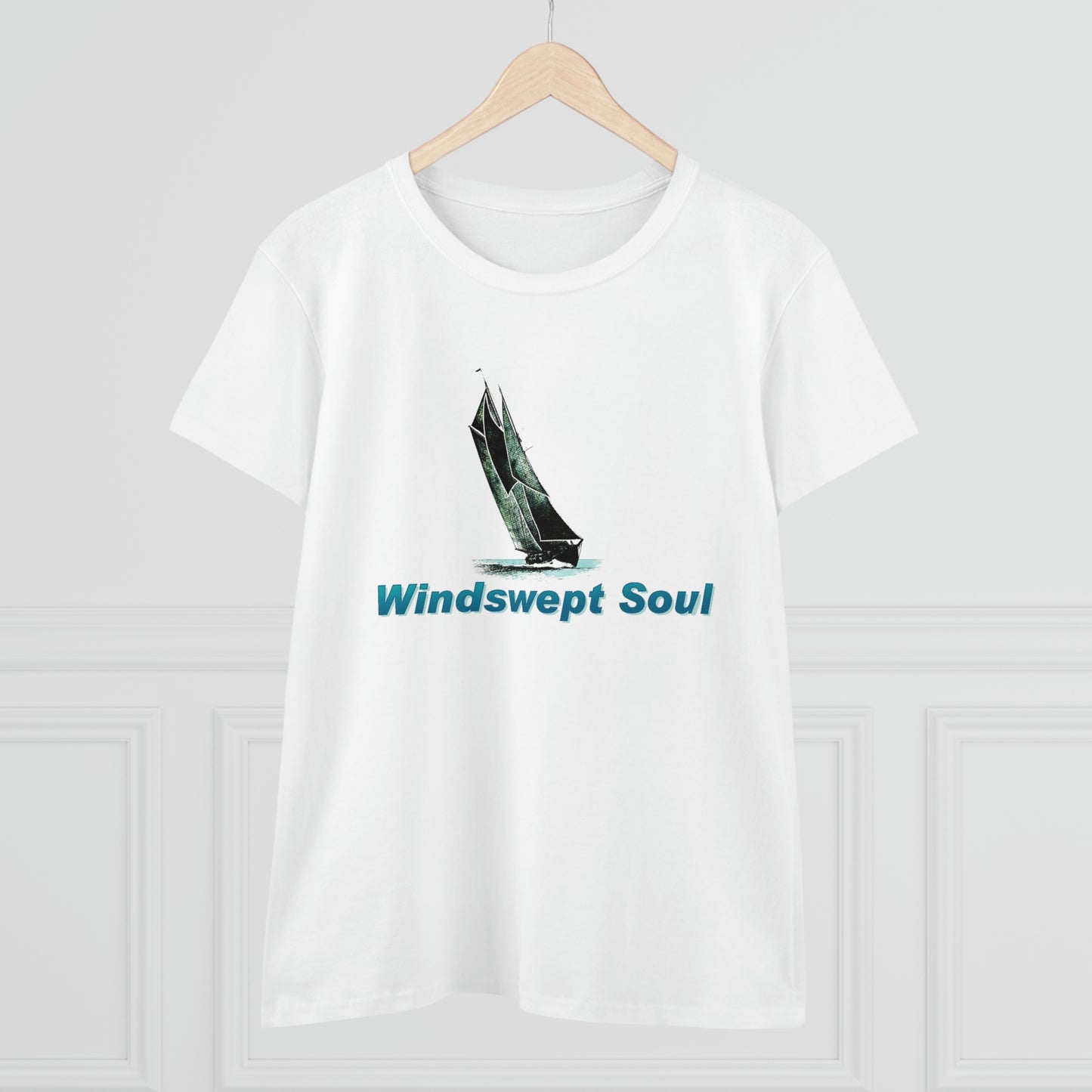 Women's Midweight Cotton Tee, Windswept Soul, Bluenose Sailboat