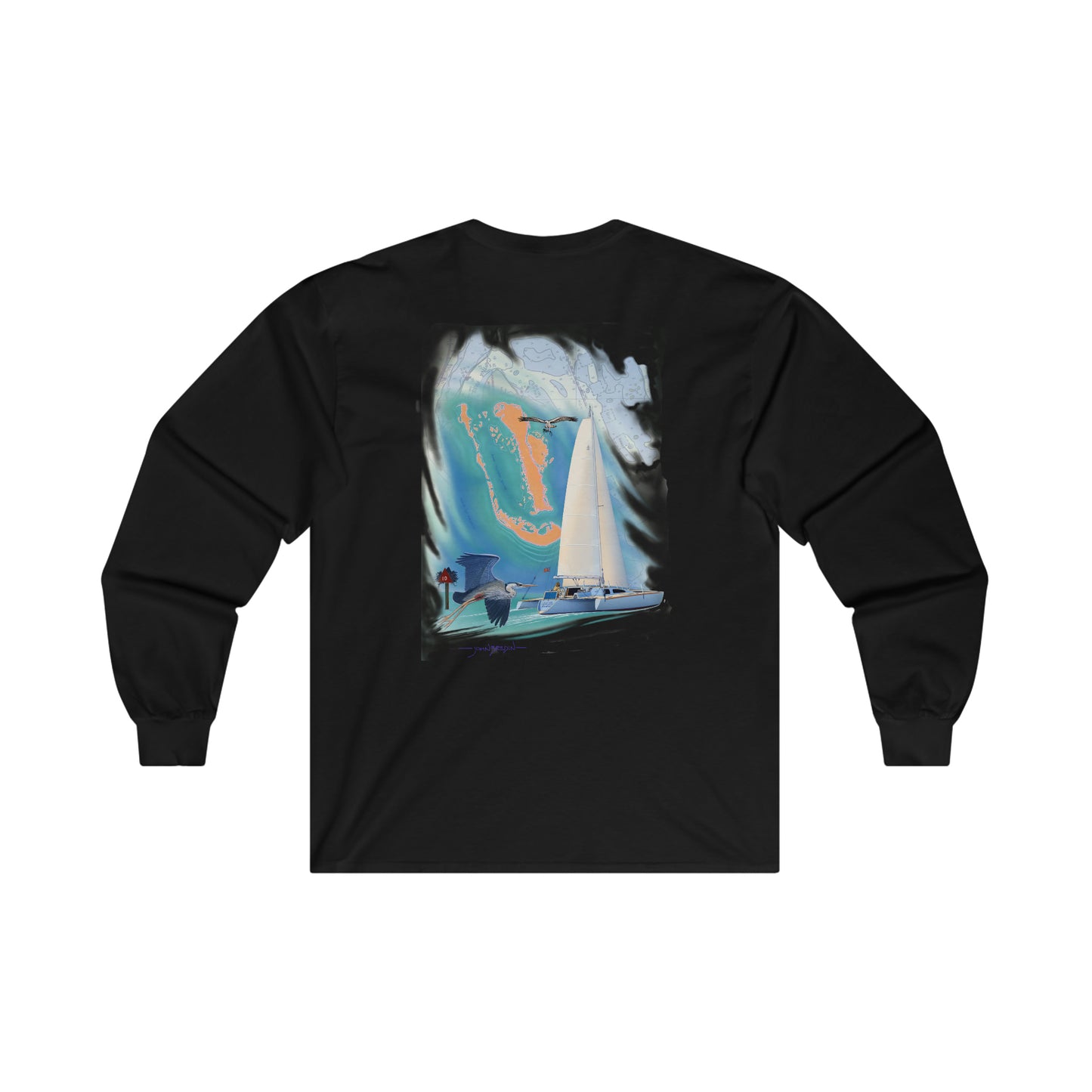 Ultra Cotton Long Sleeve Tee. Sister Whisper sailboat. By John Ryerson Bredin.