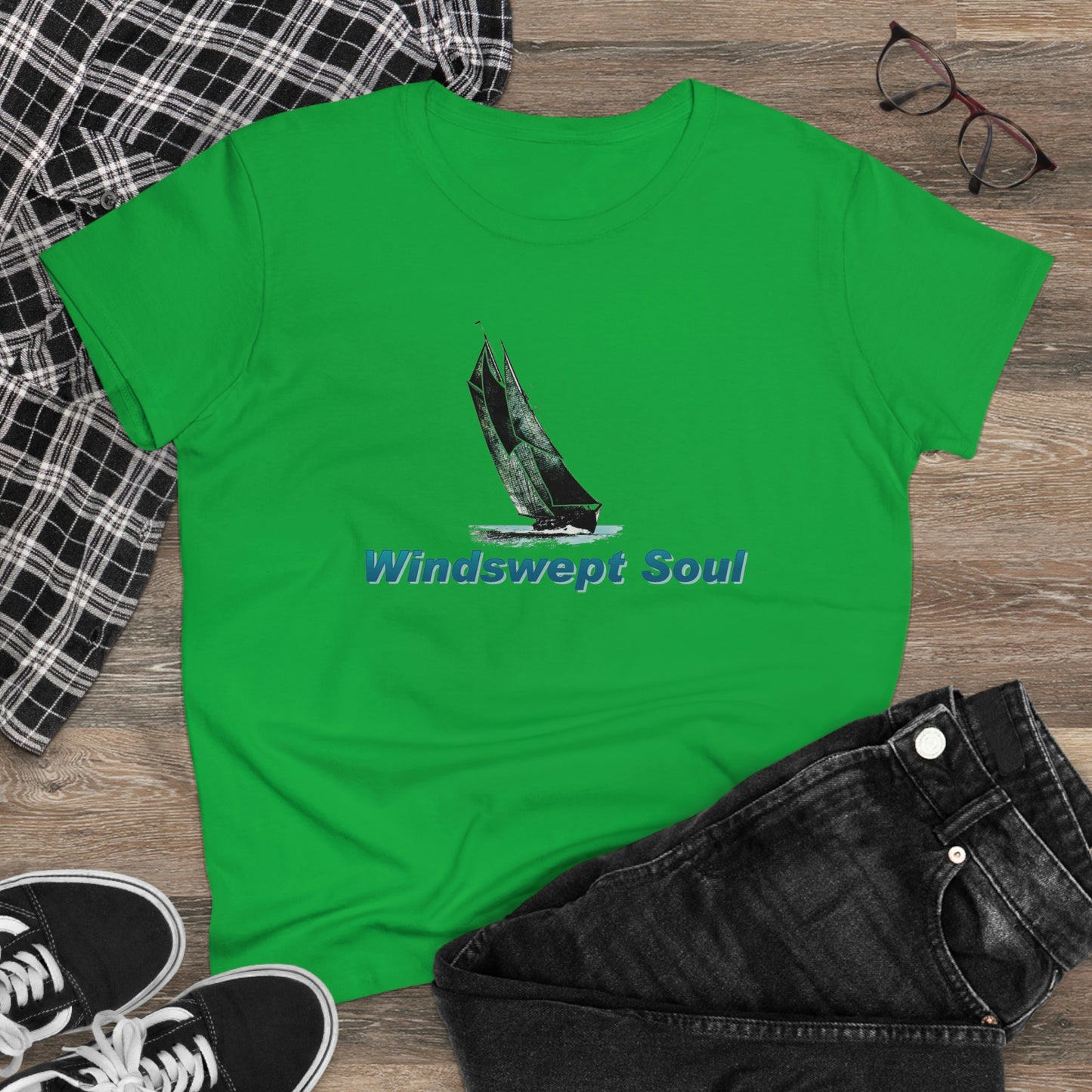 Women's Midweight Cotton Tee, Windswept Soul, Bluenose Sailboat