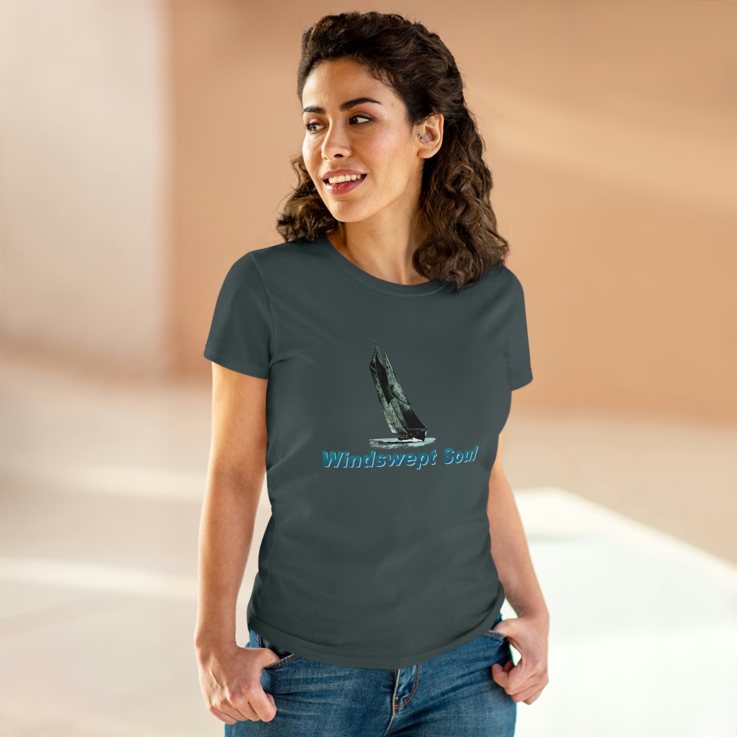 Women's Midweight Cotton Tee, Windswept Soul, Bluenose Sailboat