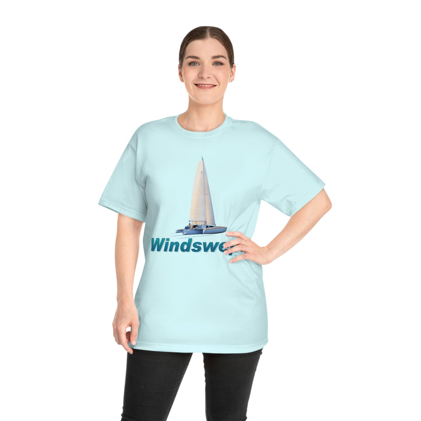 Windswept T-Shirt, Sister Whisper Trimaran. Unisex Hammer™ T-shirt. Artwork by John Ryerson Bredin.