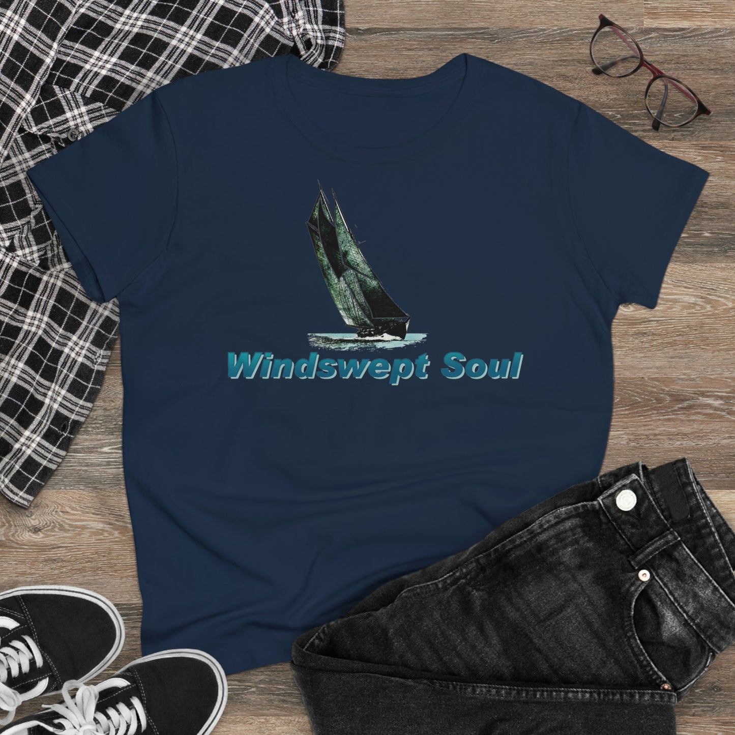 Windswept Soult, Bluenose sailboat, Women's Midweight Cotton Tee