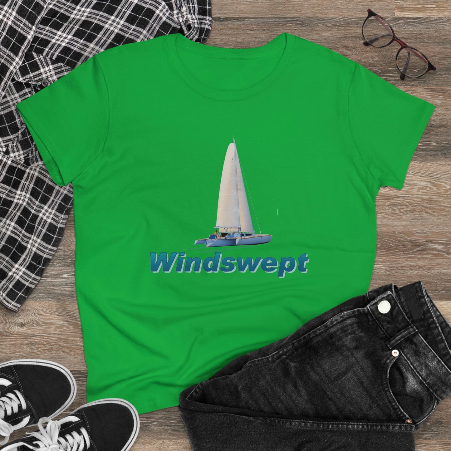 Women's Midweight Cotton Tee, Windswept, Sister Whisper Trimaran.