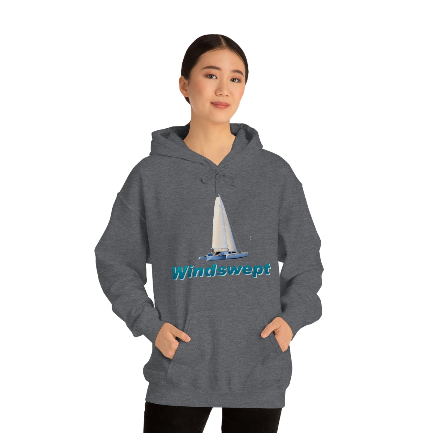Unisex Heavy Blend™ Hooded Sweatshirt, Windswept, Sister Whisper Trimaran. Artwork by John Ryerson Bredin