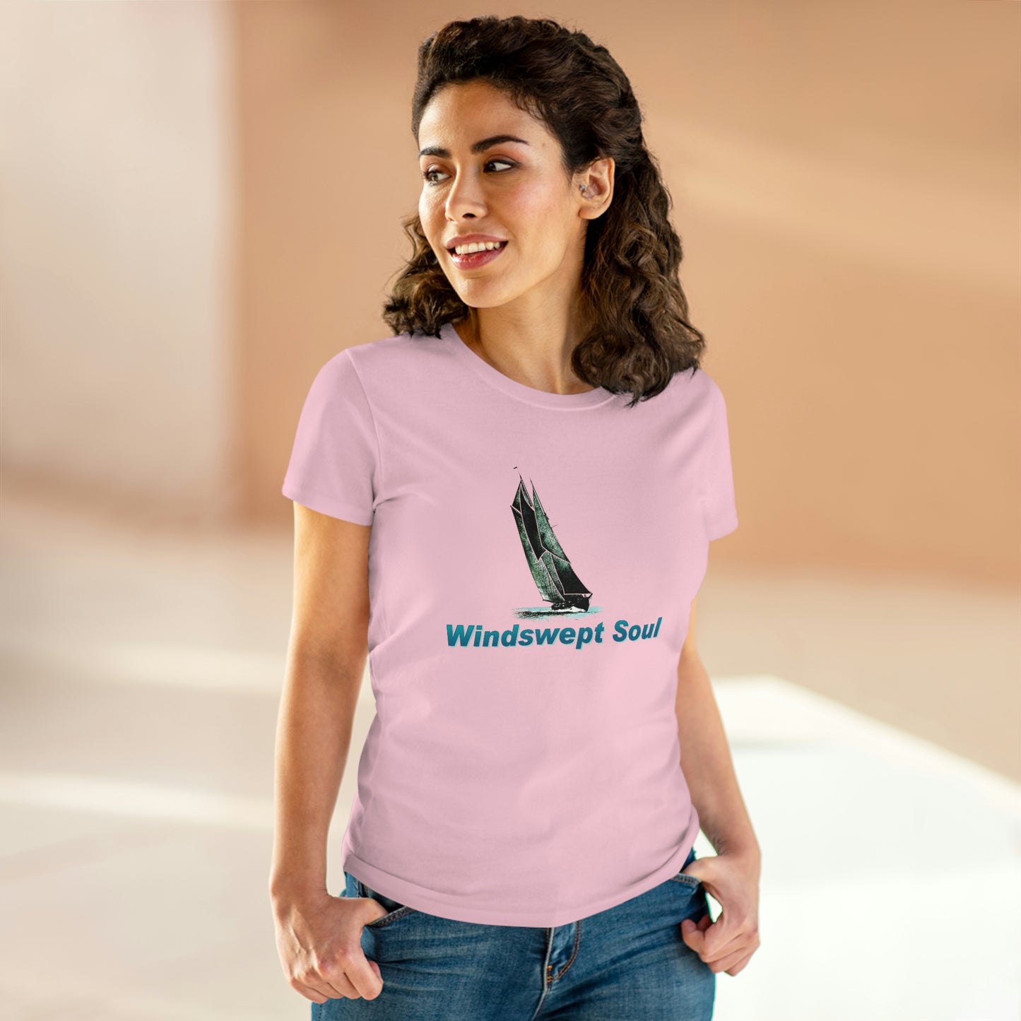 Women's Midweight Cotton Tee, Windswept Soul, Bluenose Sailboat