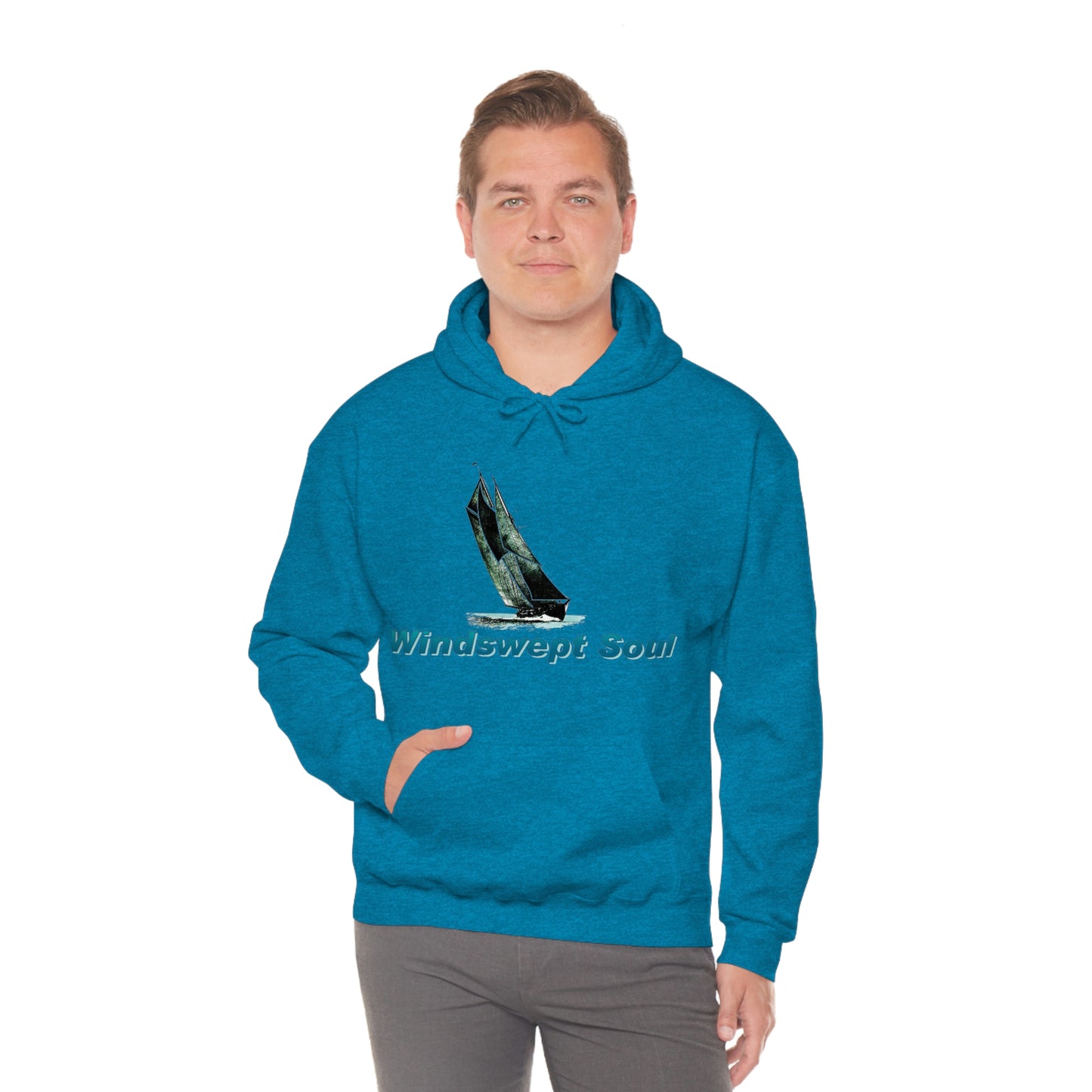 Unisex Heavy Blend™ Hooded Sweatshirt, Windswept Soul, Bluenose Sailboat.