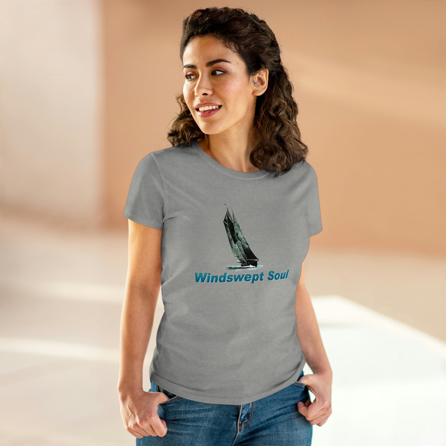 Women's Midweight Cotton Tee, Windswept Soul, Bluenose Sailboat