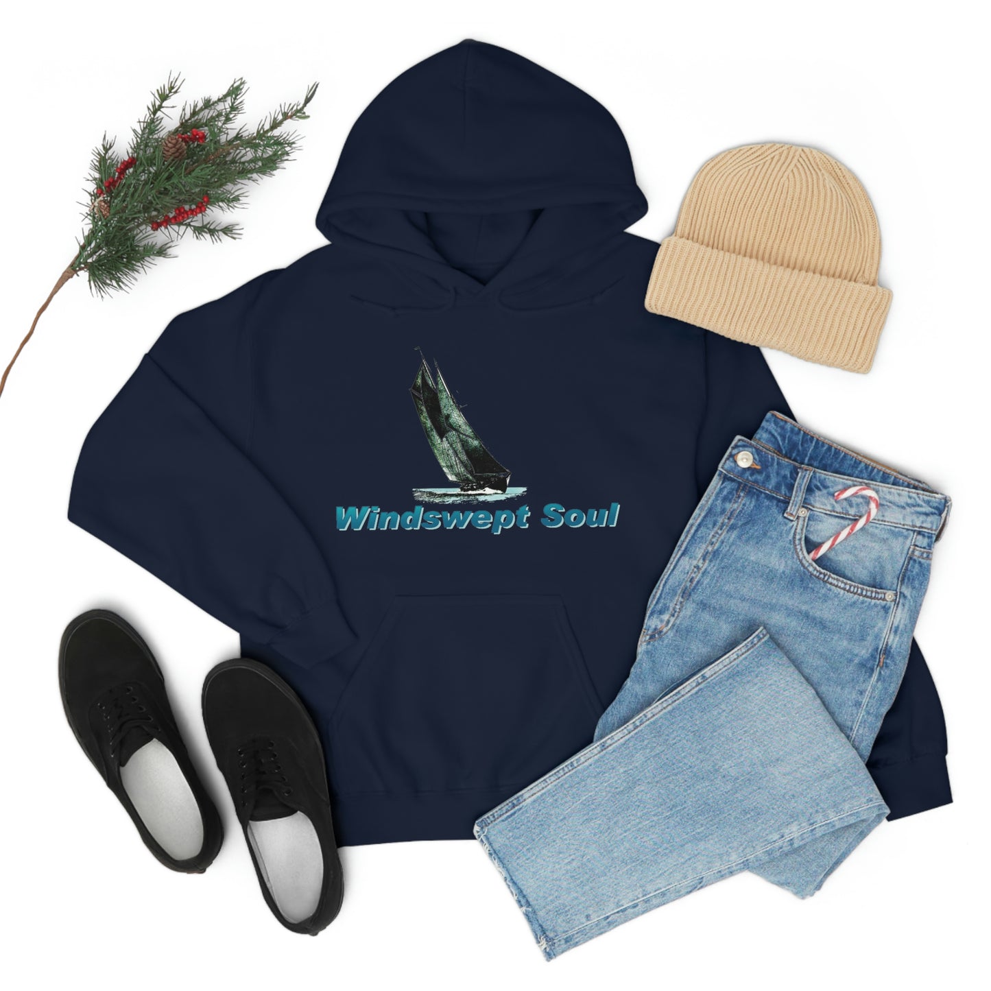 Unisex Heavy Blend™ Hooded Sweatshirt, Windswept Soul, Bluenose Sailboat.