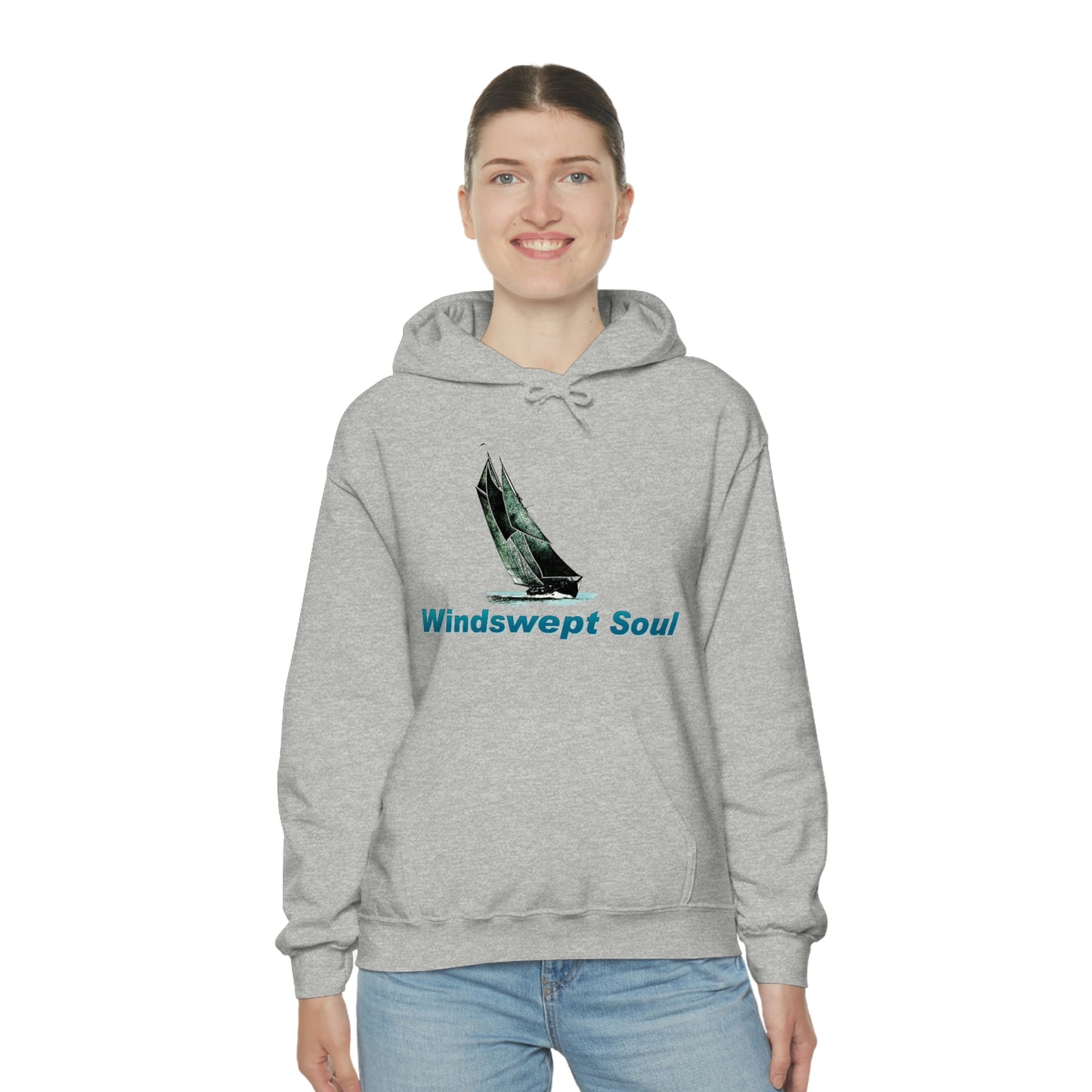Unisex Heavy Blend™ Hooded Sweatshirt, Windswept Soul, Bluenose Sailboat.