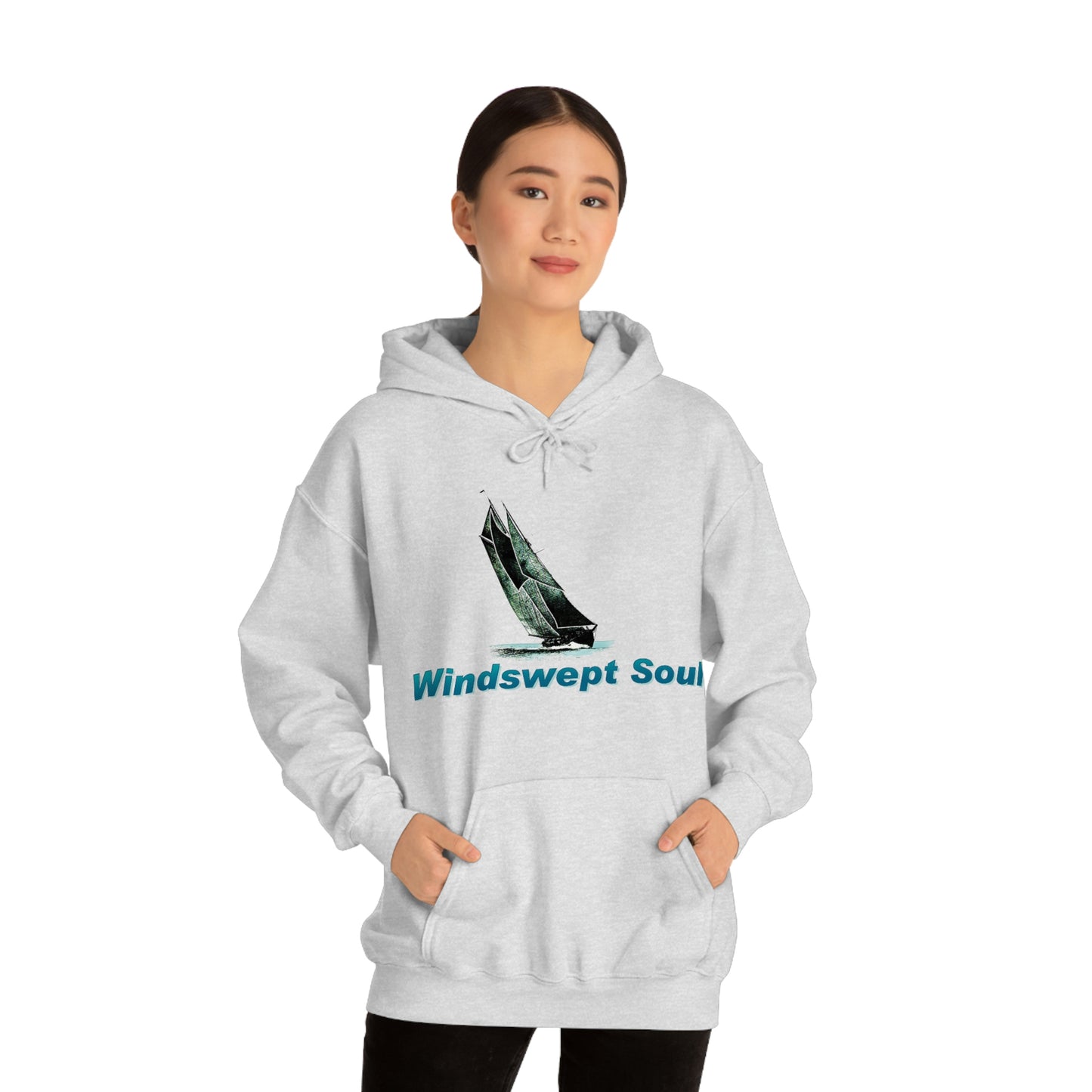 Unisex Heavy Blend™ Hooded Sweatshirt, Windswept Soul, Bluenose Sailboat.