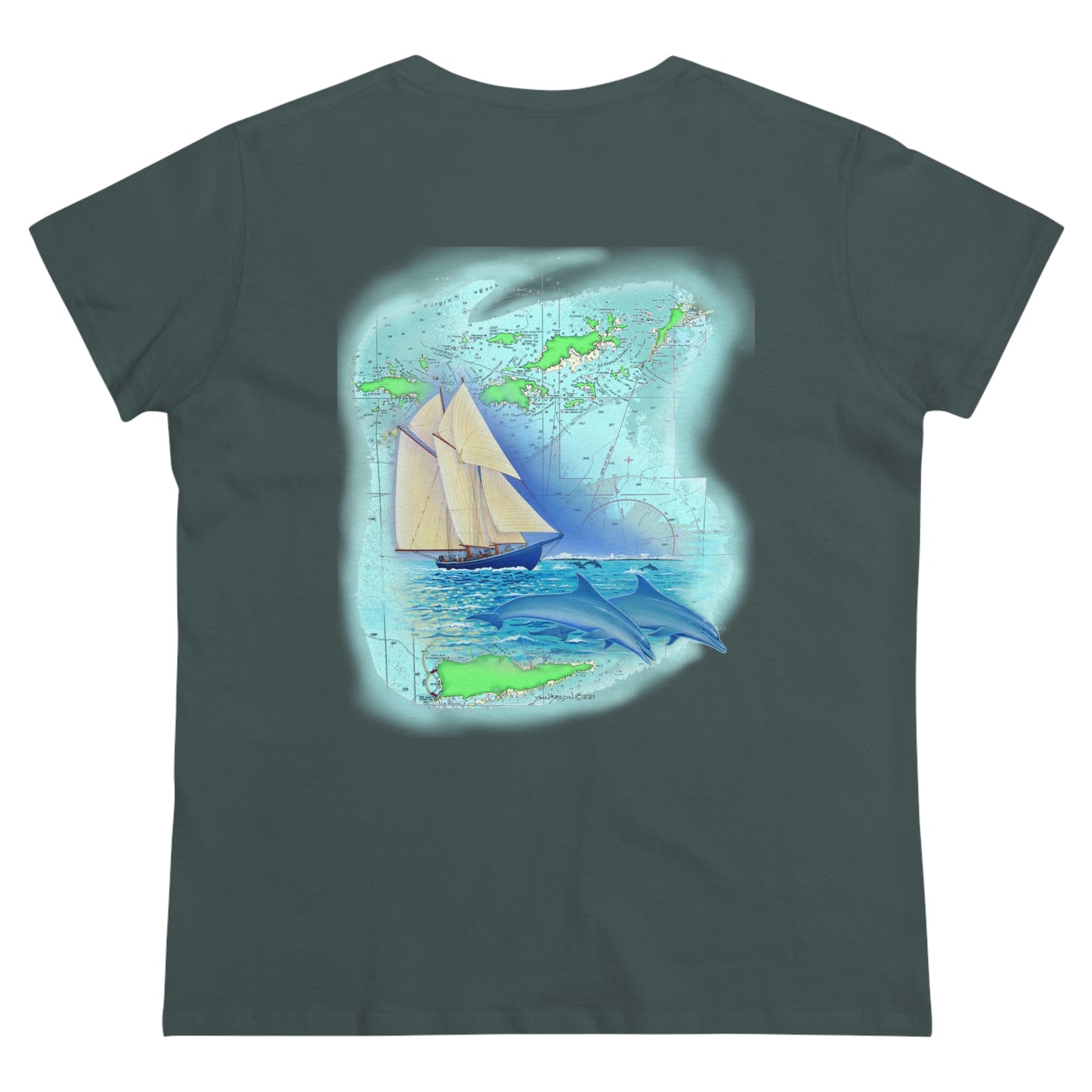 Women's Midweight Cotton Tee, Windswept Soul, Bluenose Sailboat