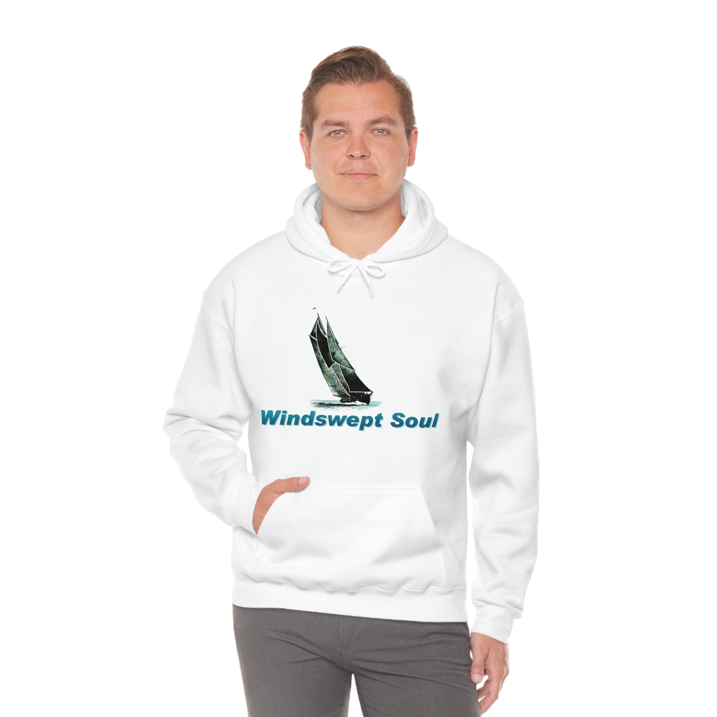 Unisex Heavy Blend™ Hooded Sweatshirt, Windswept Soul, Bluenose Sailboat.