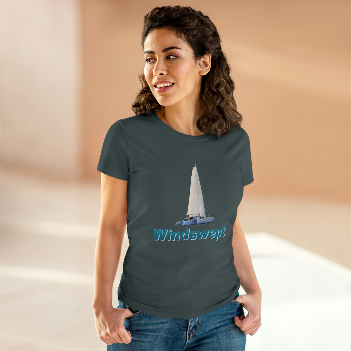 Women's Midweight Cotton Tee, Windswept, Sister Whisper Trimaran.