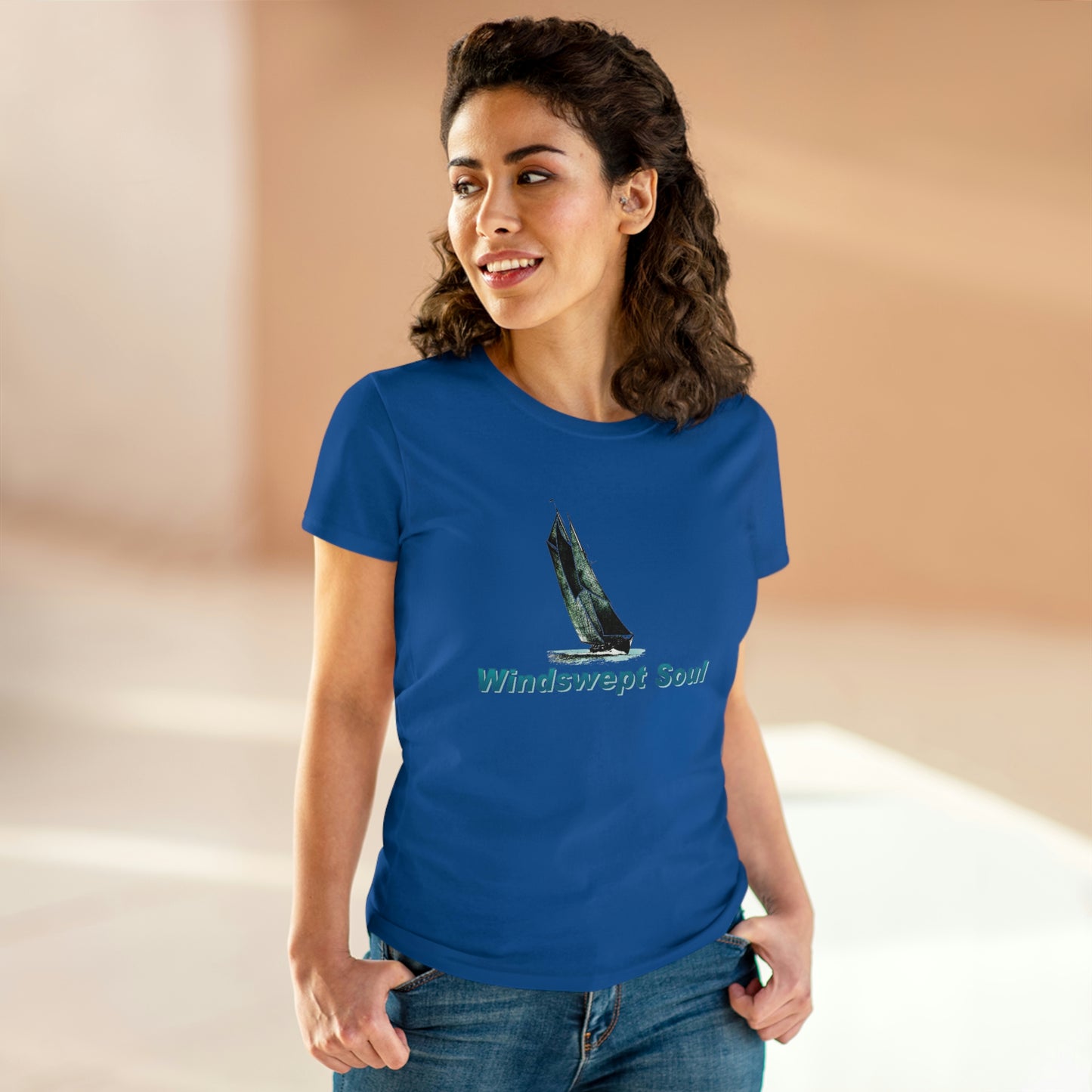 Women's Midweight Cotton Tee, Windswept Soul, Bluenose Sailboat