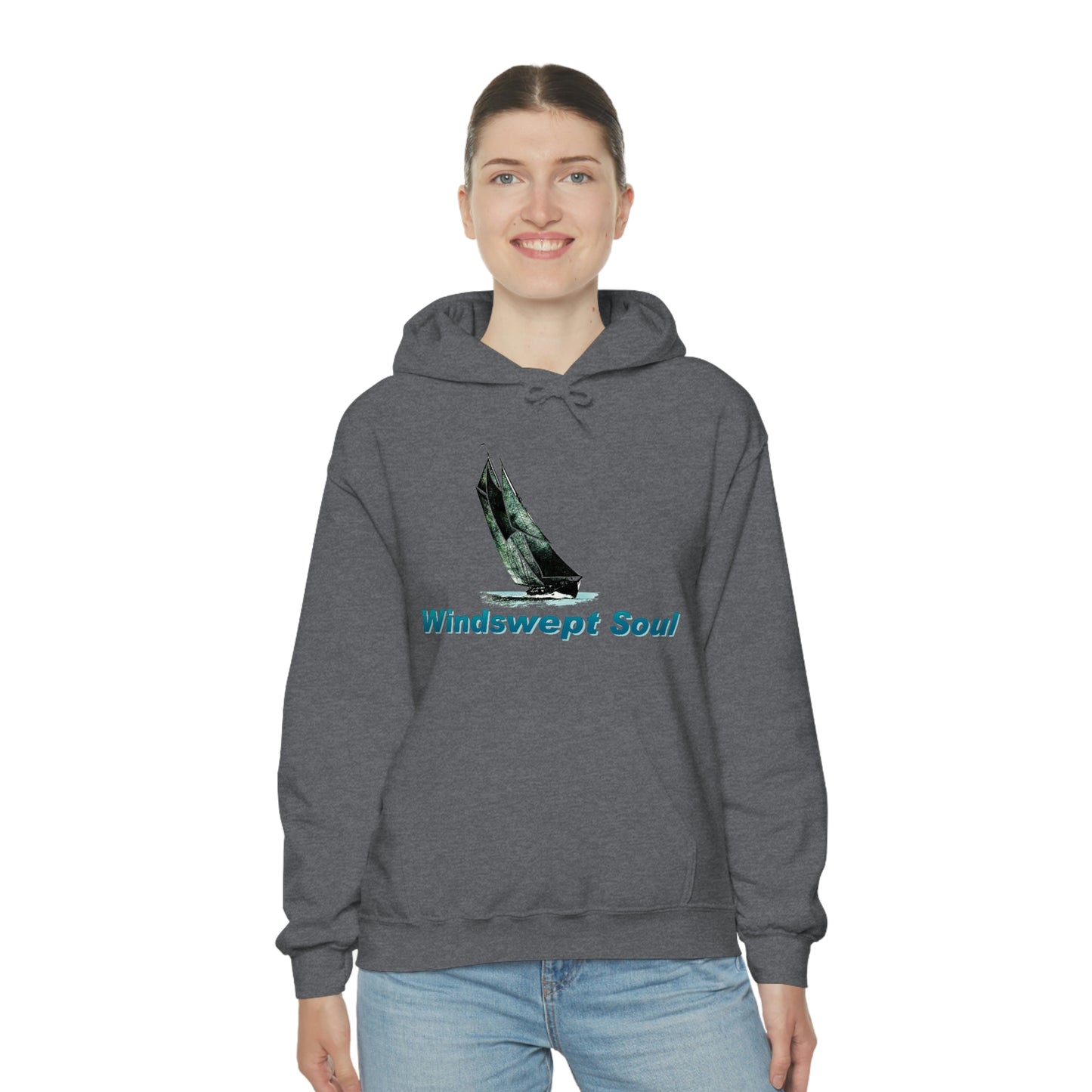 Unisex Heavy Blend™ Hooded Sweatshirt, Windswept Soul, Bluenose Sailboat.