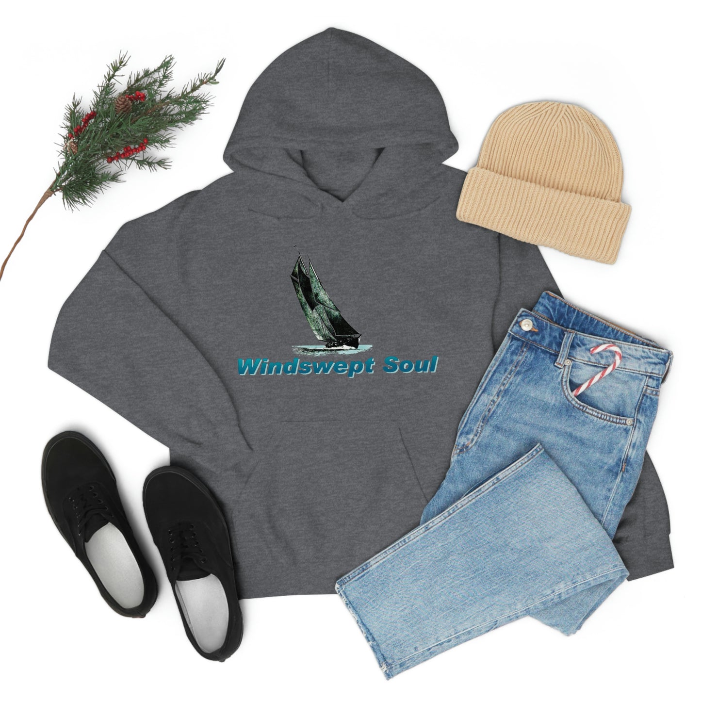 Unisex Heavy Blend™ Hooded Sweatshirt, Windswept Soul, Bluenose Sailboat.