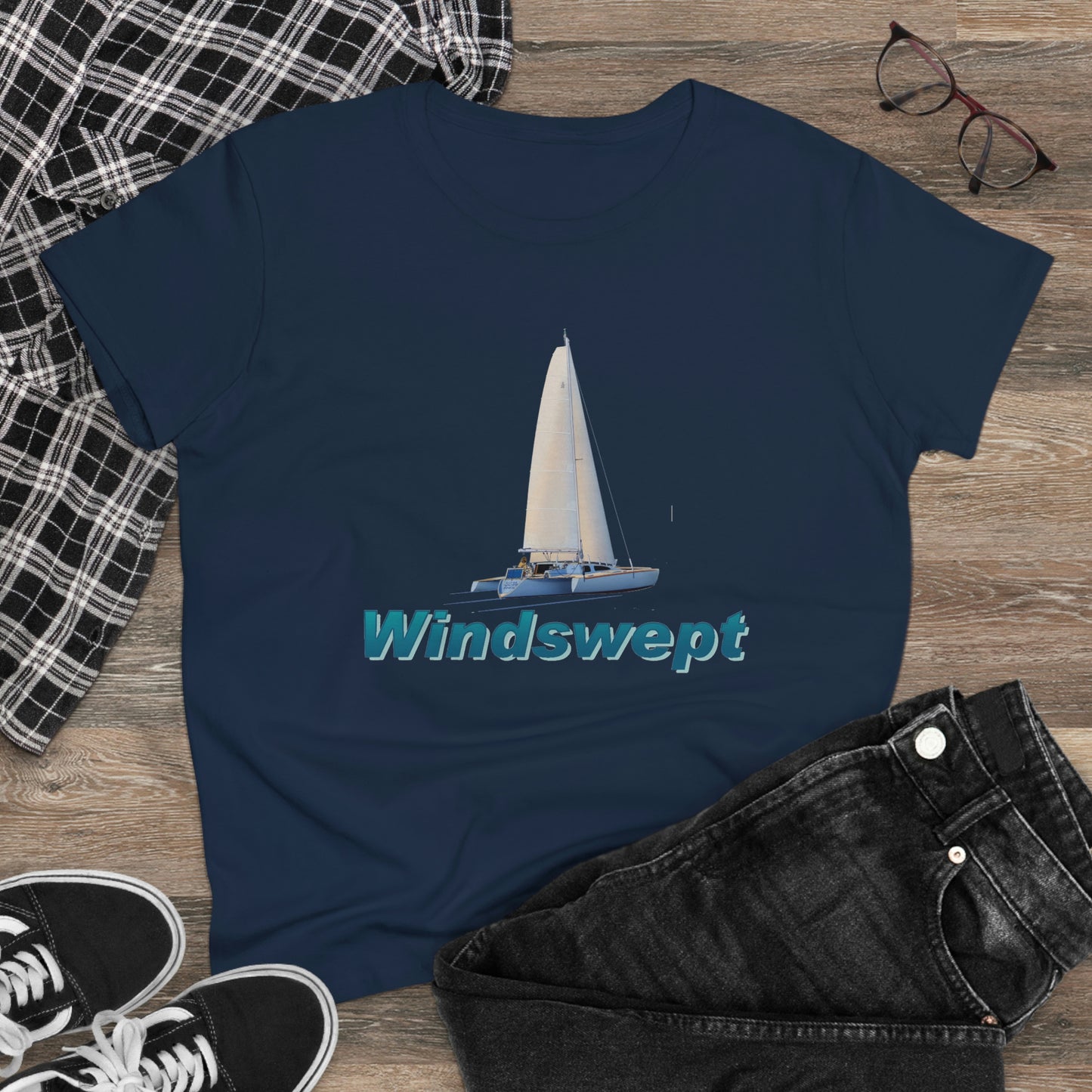 Women's Midweight Cotton Tee, Windswept, Sister Whisper Trimaran.