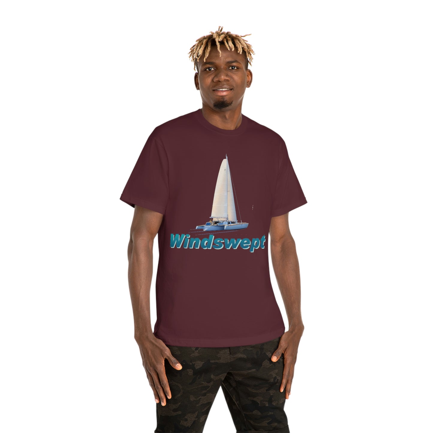 Windswept T-Shirt, Sister Whisper Trimaran. Unisex Hammer™ T-shirt. Artwork by John Ryerson Bredin.