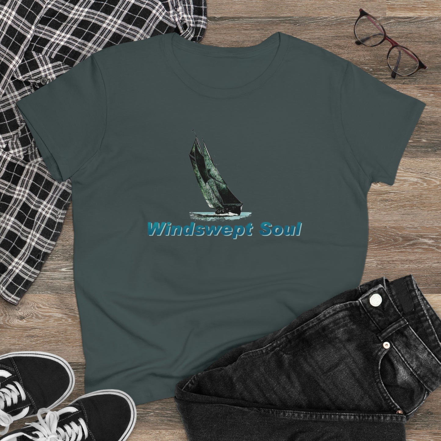 Women's Midweight Cotton Tee, Windswept Soul, Bluenose Sailboat