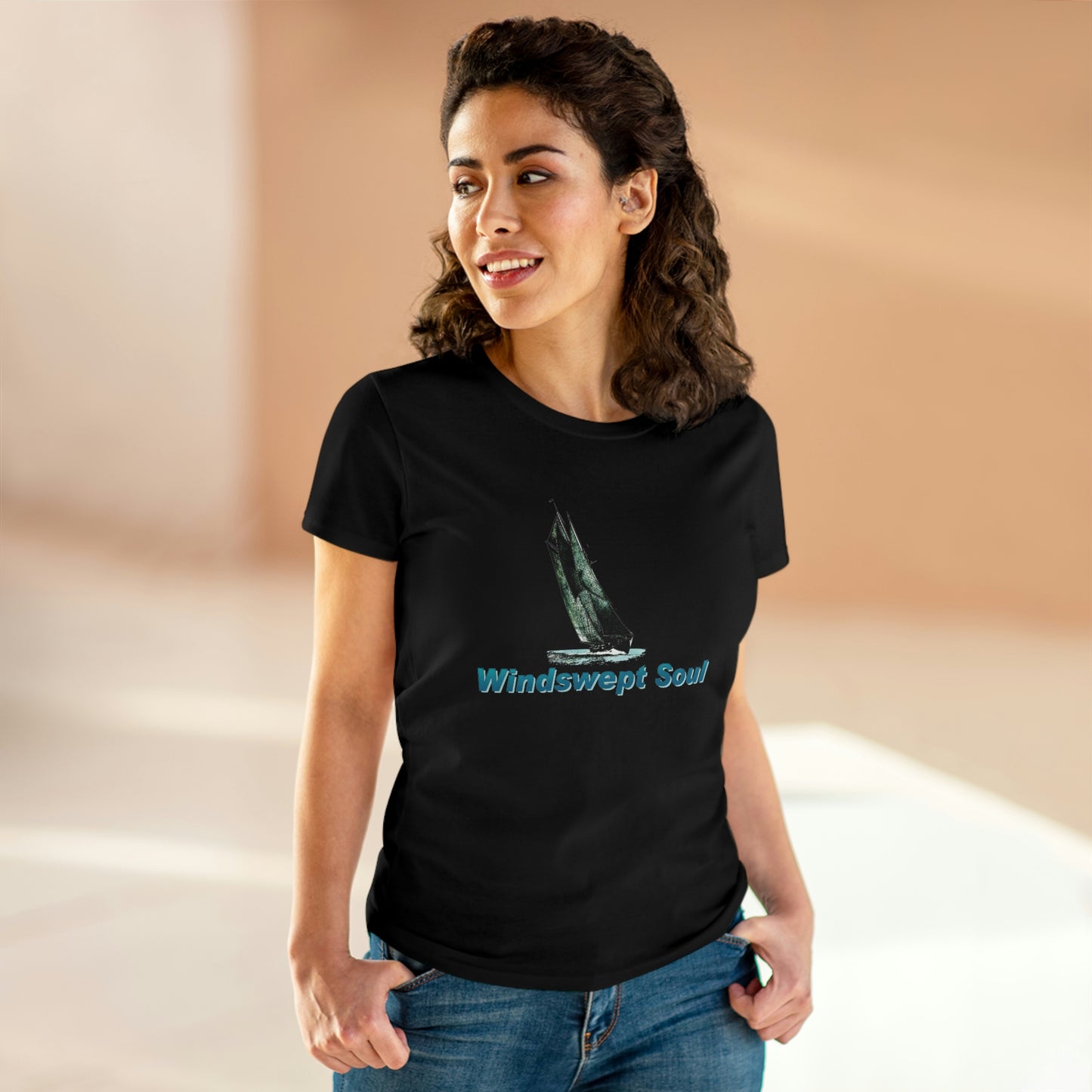 Women's Midweight Cotton Tee, Windswept Soul, Bluenose Sailboat