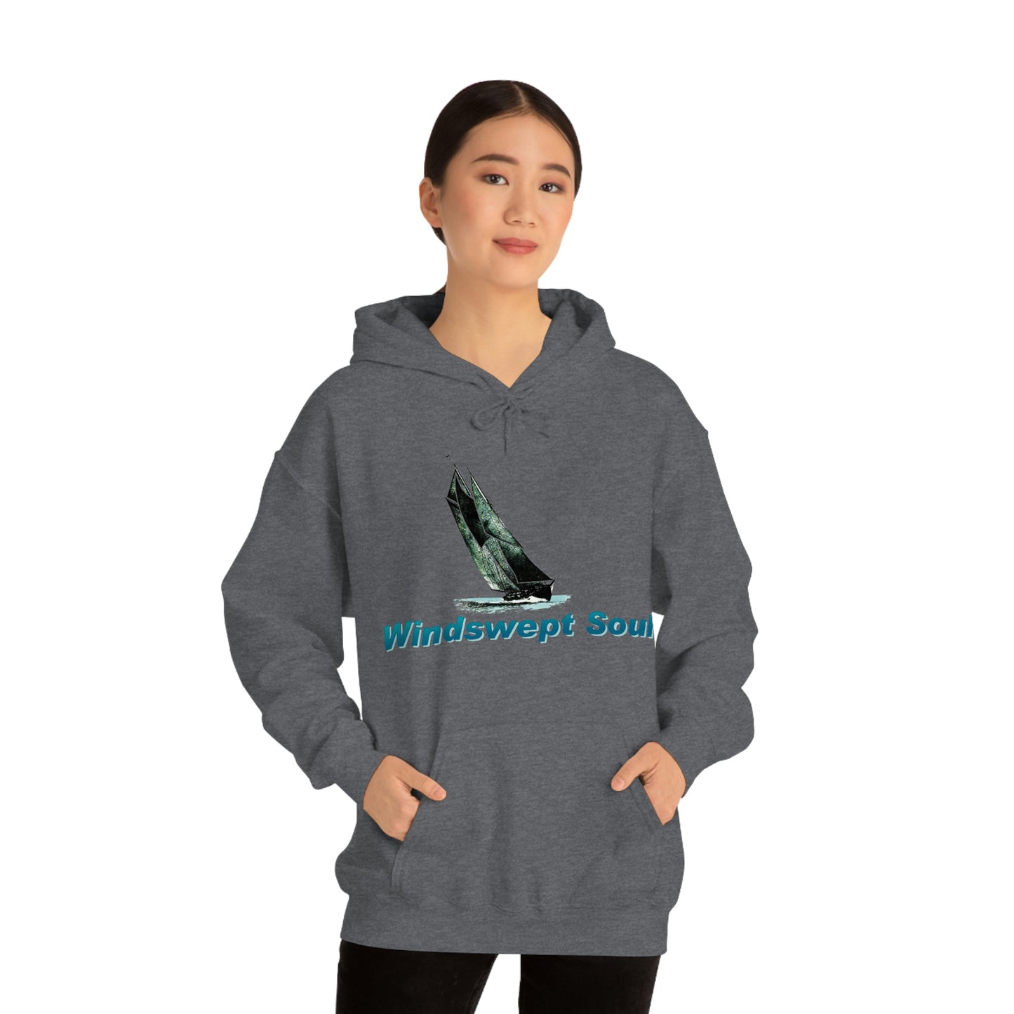Unisex Heavy Blend™ Hooded Sweatshirt, Windswept Soul, Bluenose Sailboat.