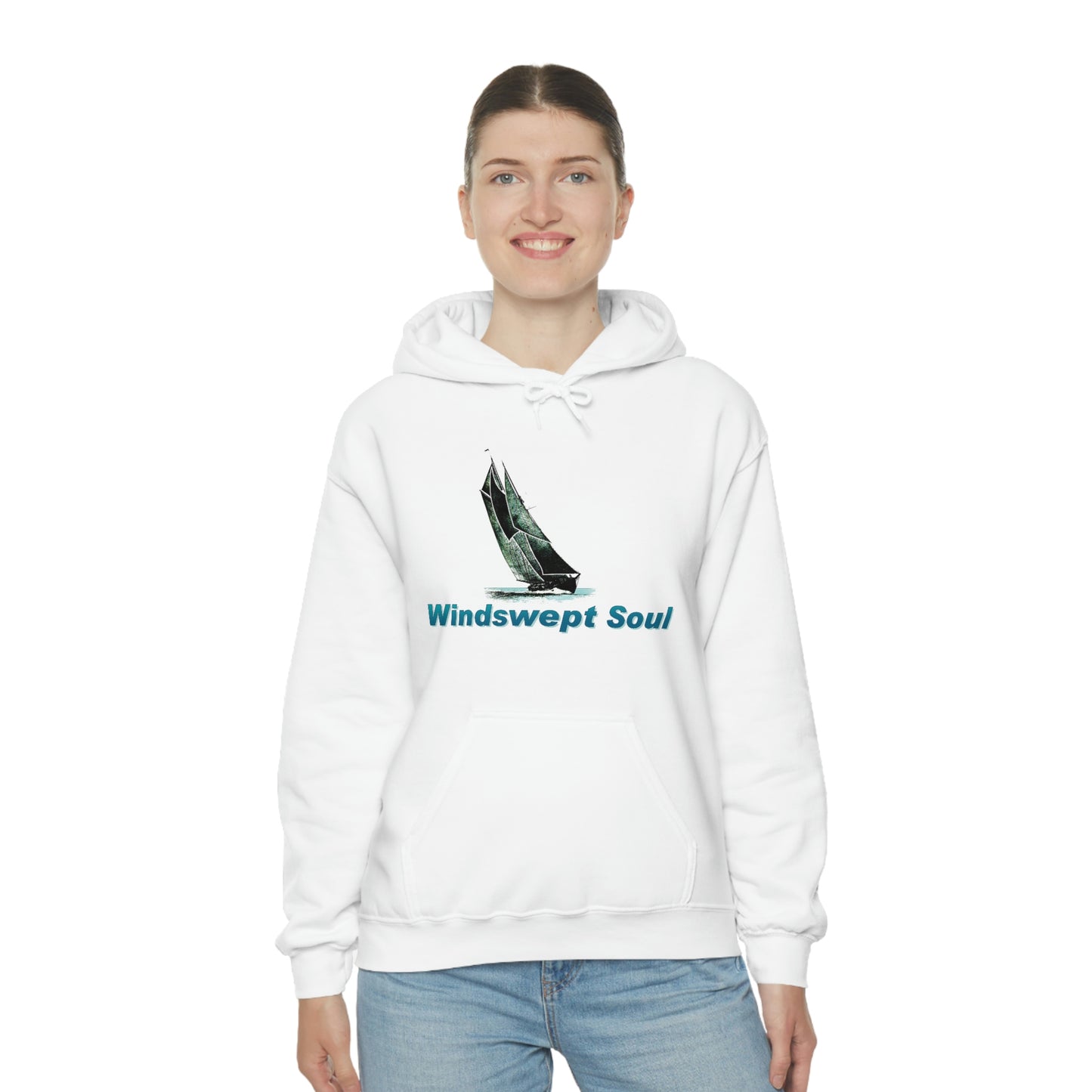 Unisex Heavy Blend™ Hooded Sweatshirt, Windswept Soul, Bluenose Sailboat.