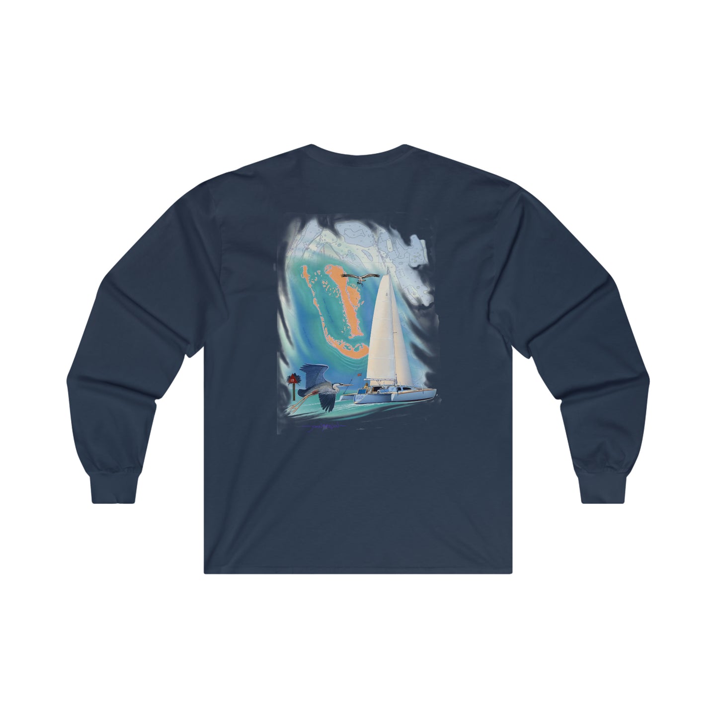 Ultra Cotton Long Sleeve Tee. Sister Whisper sailboat. By John Ryerson Bredin.