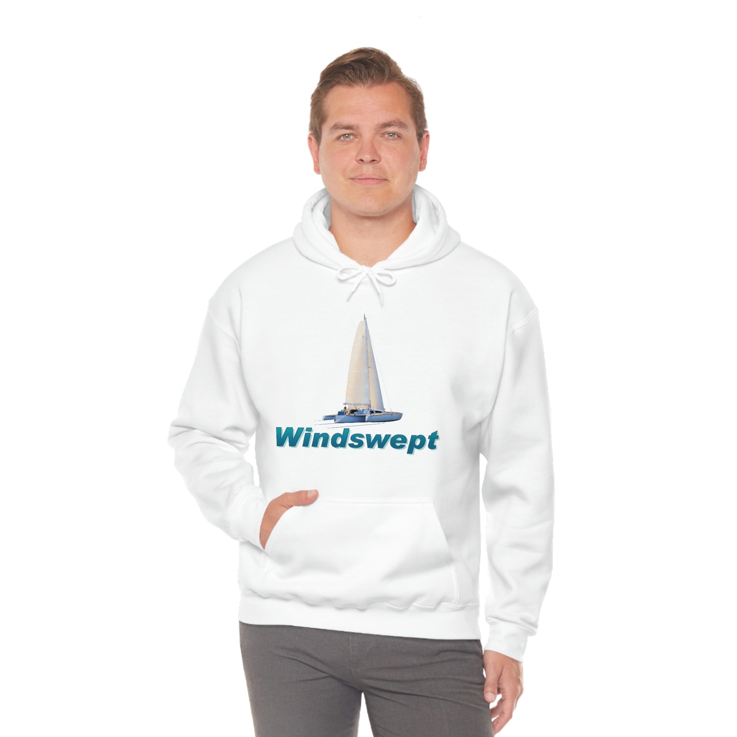 Unisex Heavy Blend™ Hooded Sweatshirt, Windswept, Sister Whisper Trimaran. Artwork by John Ryerson Bredin