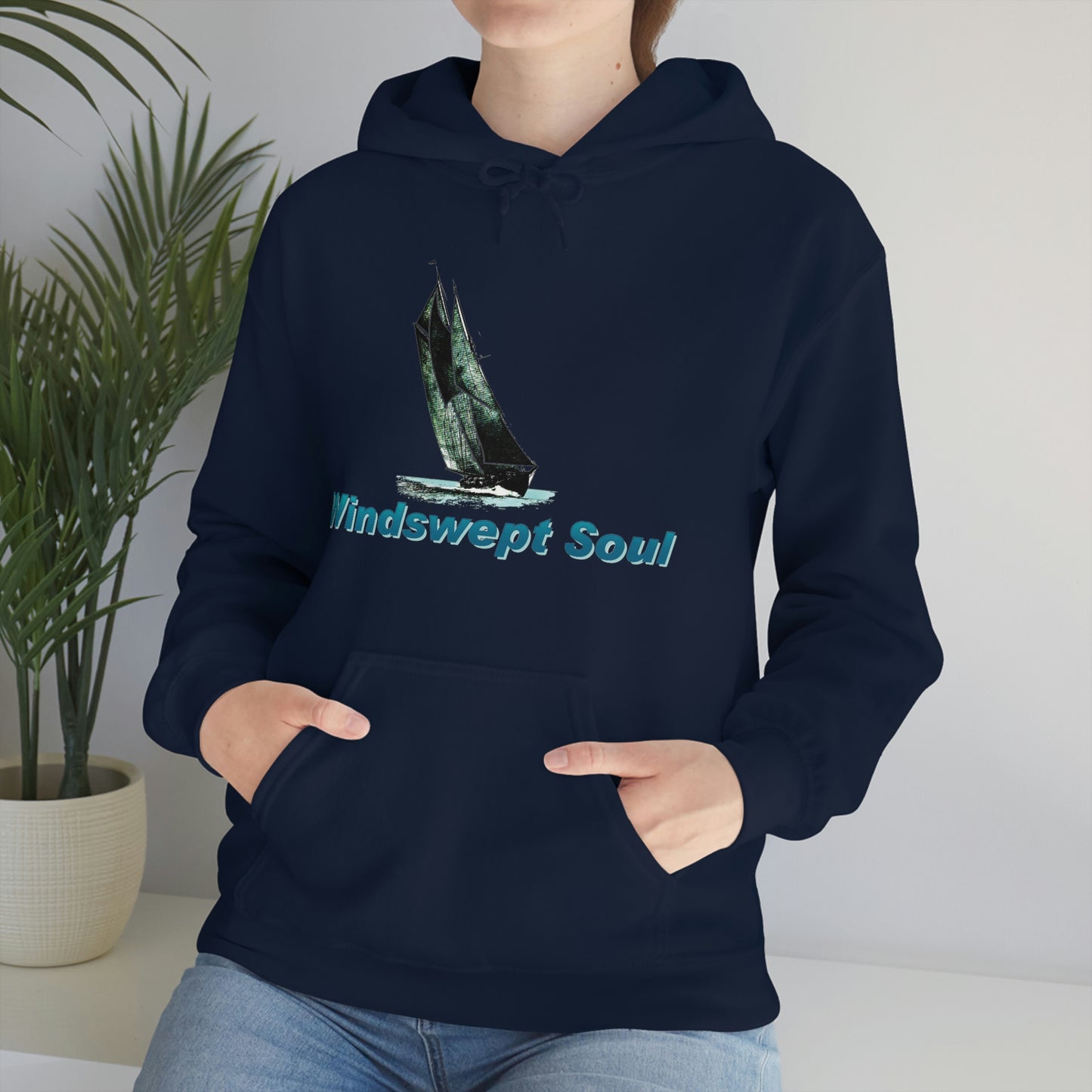 Unisex Heavy Blend™ Hooded Sweatshirt, Windswept Soul, Bluenose Sailboat.