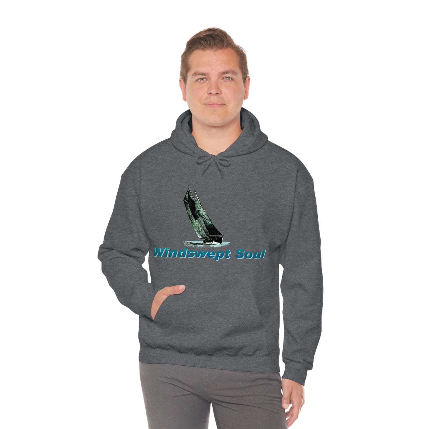Unisex Heavy Blend™ Hooded Sweatshirt, Windswept Soul, Bluenose Sailboat.