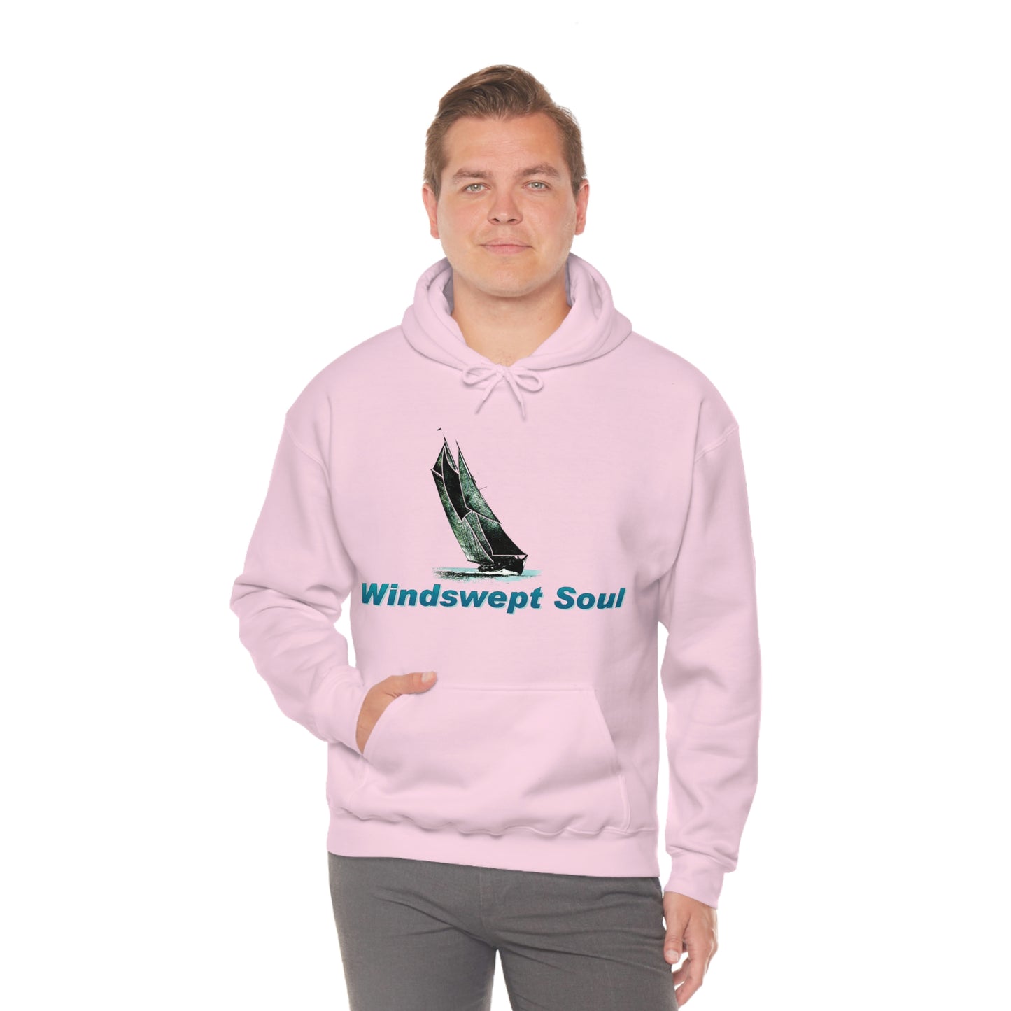 Unisex Heavy Blend™ Hooded Sweatshirt, Windswept Soul, Bluenose Sailboat.