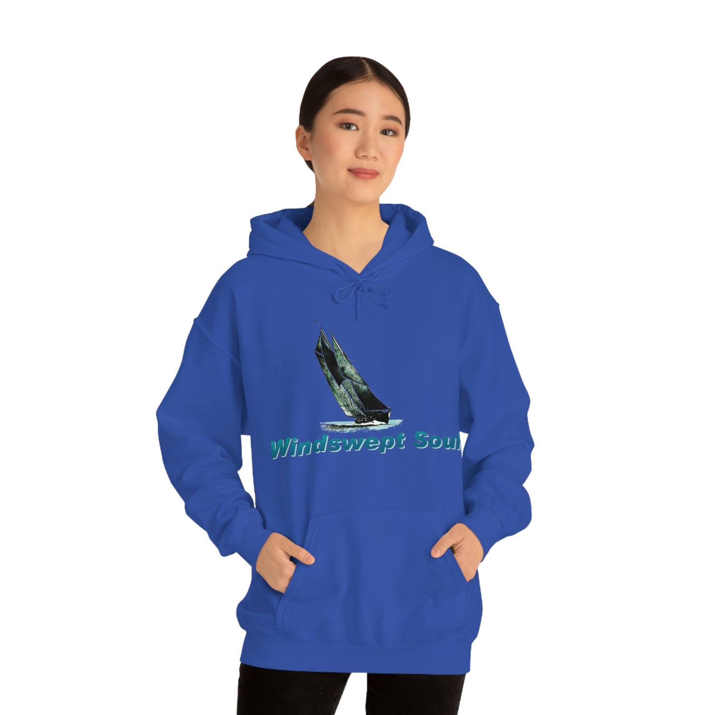 Unisex Heavy Blend™ Hooded Sweatshirt, Windswept Soul, Bluenose Sailboat.