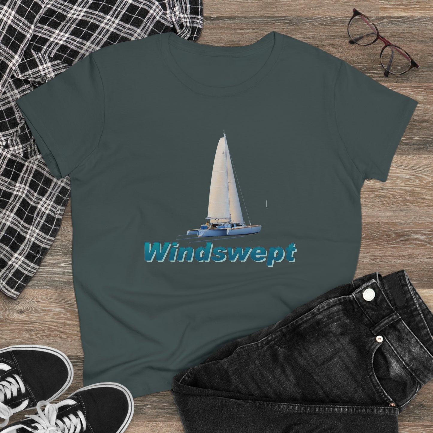 Women's Midweight Cotton Tee, Windswept, Sister Whisper Trimaran.