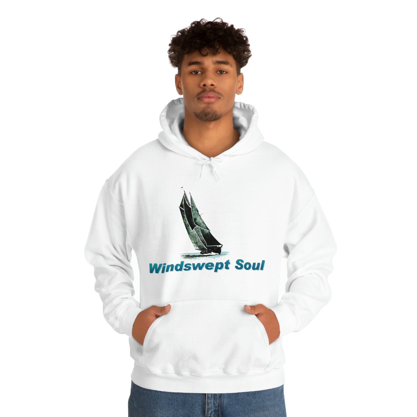 Unisex Heavy Blend™ Hooded Sweatshirt, Windswept Soul, Bluenose Sailboat.